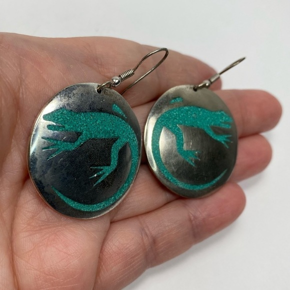Alpaca Mexico Earrings Dangles Artisan Vintage Lizard Inlaid Turquoise - Picture 10 of 11